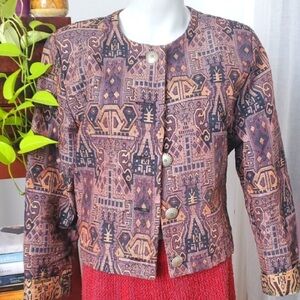 sweetgrass Vintage Brown and Black Blazer with Intricate Print size L